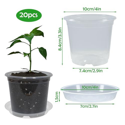 20 Pack 4 Inch Clear Nursery Pots with Drainage and 20 Pack Plant Saucers, Plant Pots for Plants Transparent Potting Containers for Plants Seeding Starter Pot (Clear, 4 Inch) - size: 4 Inch