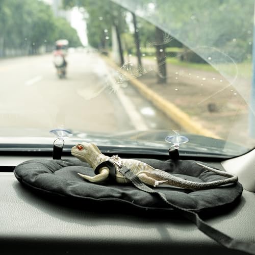 Bearded Dragon Soft Bed with 3Pcs Reptiles Harness and Leash Set, Reptile Washable Canvas Fabric Sleep Mat with Suction Cup for Travel Carrier for Lizard Leopard Gecko (Black)