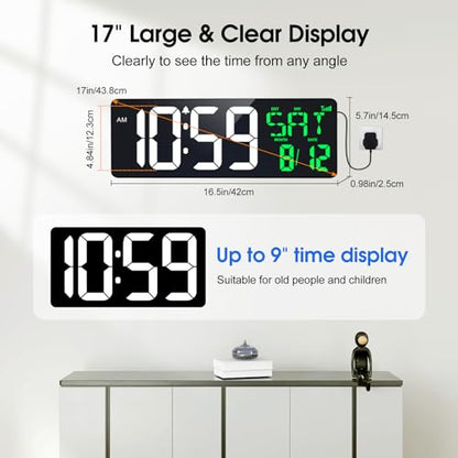17" Large Digital Wall Clock, Bluetooth Sync, Auto Dimmer, Remote | Bluetooth Automatic Time Sync, Stable Plug-in Power, DST Support, Date Week Temperature Display, Fits all Indoor Spaces - color: White+green