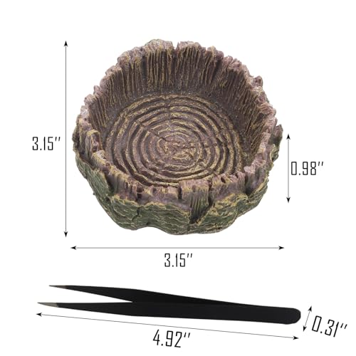 IBWell 2pcs Reptile Water Bowl with Feeding Tweezers - Food Dish for Lizard, Snake, Tortoise & Small Animals - Gray Tree Stump