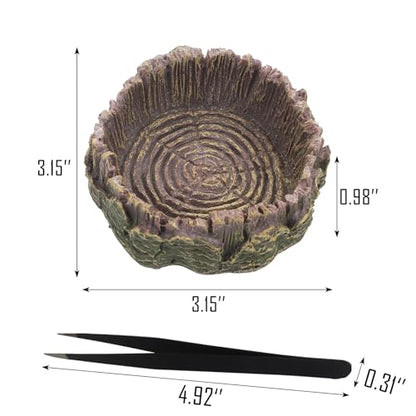 IBWell 2pcs Reptile Water Bowl with Feeding Tweezers - Food Dish for Lizard, Snake, Tortoise & Small Animals - Gray Tree Stump