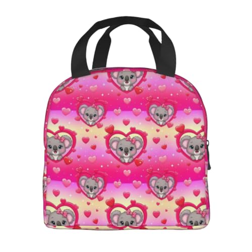 Men Koala Heart Print Insulated Lunch Tote Thermal | Koala Pink Heart, Oxford Insulated Lunch Bag, Adjustable Strap, Large Capacity for Outdoor & Camping - color: Pattern (843)