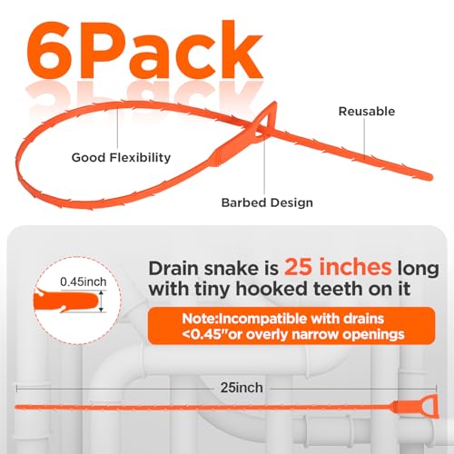 Forlivese 25 Inch Drain Snake, 6 Pack Drain Clog Remover | Sink Snake for Sewer Kitchen Sink Bathroom Tub Toilet Clogged Drains Relief Cleaning Tool