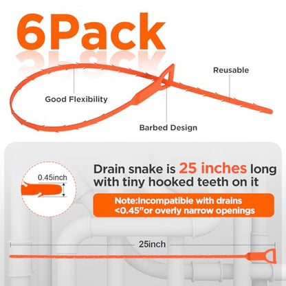 Forlivese 25 Inch Drain Snake, 6 Pack Drain Clog Remover | Sink Snake for Sewer Kitchen Sink Bathroom Tub Toilet Clogged Drains Relief Cleaning Tool