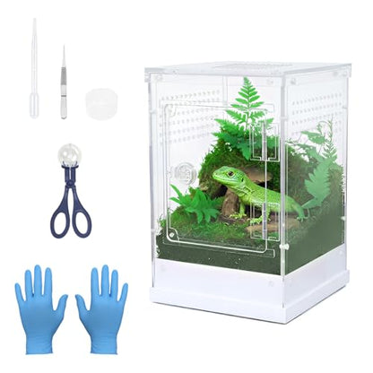 Jumping Spider Enclosure, Clear Acrylic Terrarium for Tarantula | 360° Full View Habitat w/ Dual Doors, Tri-Vents; High Transparent, Non-Yellowing Acrylic; Easy Clean; Full Breeding Kit