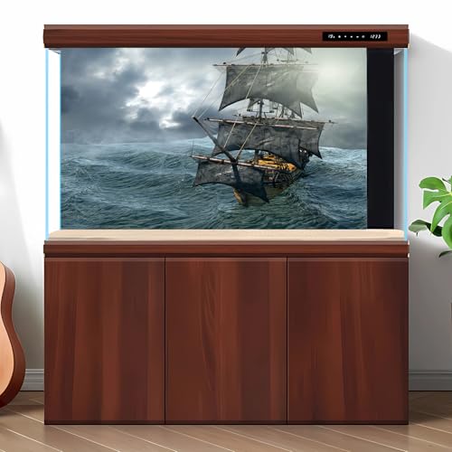 Pirate Ship Aquarium Background Stormy Blue Deep Sea Ocean Seascape Fish Tank Background Splendid Sunset Vintage Sailing Old Ship Rough Seas Terrarium Backgrounds for Home Tank Decors 24x12in - color: Foggy Gray, size: 24(W)x12(H)inches/ 60(W)*30cm(H)