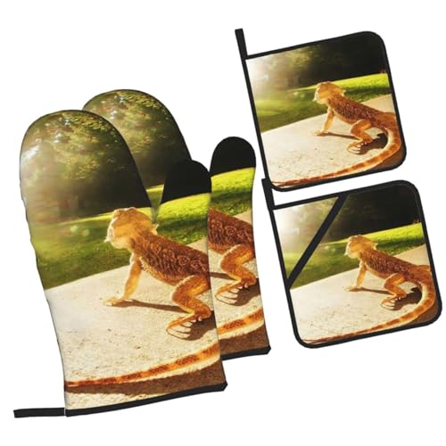 Beard Dragon Lizard Animal Reptile Heat Resistant Oven Mitts and Pot Holders Set of 4-500°f Protection Utensil Pocket for Grilling, Baking, Cooking