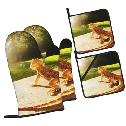 Beard Dragon Lizard Animal Reptile Heat Resistant Oven Mitts and Pot Holders Set of 4-500°f Protection Utensil Pocket for Grilling, Baking, Cooking