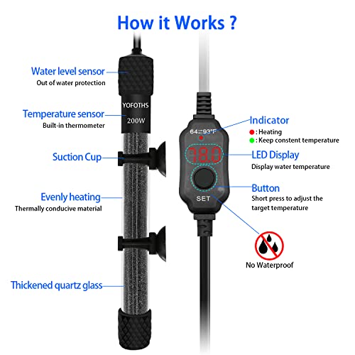 YOFOTHS Adjustable Mini Aquarium Heater 200W for Tanks 20-40 Gallons | Submersible, Small Fish Tank, Digital Display Thermostat, External Temperature Controller - size: 200W