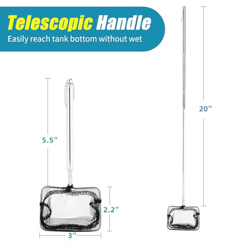 AQUANEAT Aquarium Net with Extendable Long Handle, Adjustable Wastes Skimming Cleaning Tools for Fish Tanks - size: 3 Inch
