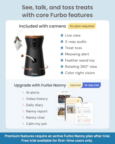 Furbo 360° Cat Camera [No Monthly Fee] | 360° Rotating Live View, Meowing Alerts, Treat Toss, 2-Way Audio, Night Vision, Smart Home Kitten Monitoring, No AI Alerts - style: Cat 360° Camera
