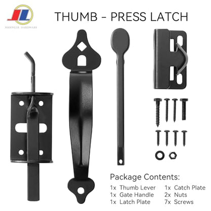 Thumb Latch, Cast Iron Gate Latch Set, Black | Decorative cast iron thumb latch set with handle for wooden gates, fences, barns and sheds; black outdoor gate hardware. - size: Thumb
