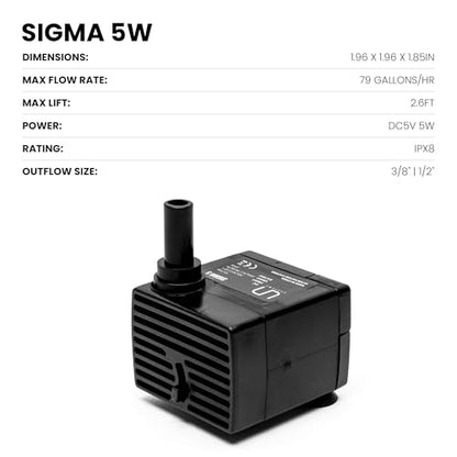 UNS Sigma Water Pump - USB 5W 79GPH 300L/HR IPX8 Small Power Head - Adjustable Submersible Water Pump for Freshwater & Saltwater Aquarium, Pond, Fountain, Pet Waterbowl - Sigma 5 (3/8, 1/2") - size: 5W