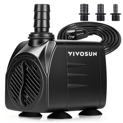 VIVOSUN 480GPH Submersible Fountain Water Pump for Pond, Aquarium, Statuary | 1800L/H, 25W, Ultra Quiet Water Pump with 7.2ft High Lift and 5ft Power Cord, 3 Nozzles for Fish Tank, Hydroponics Black - size: 6"×4"-480