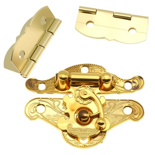 FDXGYH 1 Pcs Antique Hasp Latch and 2 Pcs Butterfly-Shape Hinges Decorative Lock Buckle with Matching Screws [Gold] - color: Gold