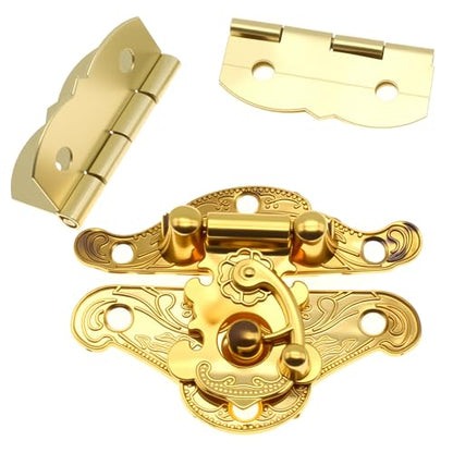 FDXGYH 1 Pcs Antique Hasp Latch and 2 Pcs Butterfly-Shape Hinges Decorative Lock Buckle with Matching Screws [Gold] - color: Gold