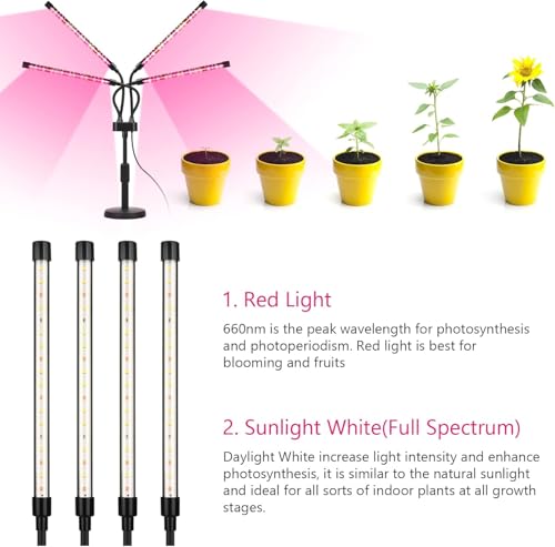 SYEIORAOM Grow Lights for Indoor Plants, Four Head LED Grow Light with Full Spectrum, Red White Spectrum for Indoor Plant Lamp, Adjustable Gooseneck, Suitable for Vegetation - size: Four-head plant light