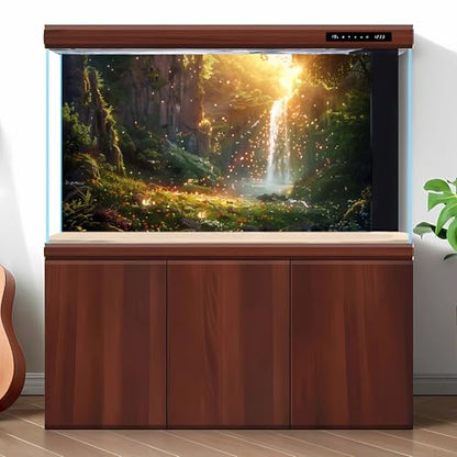 Fantasy Forest Aquarium Background Waterfall Cascades Tranquil Pool Fish Tank Background Enchanted Glade Vibrant Blooms Sunray Reptile Tank Backgrounds Fireflies Oasis Terrarium Backgrounds 24x12in - color: Golden Green, size: 24(W)x12(H)inches/ 60(W)*30c