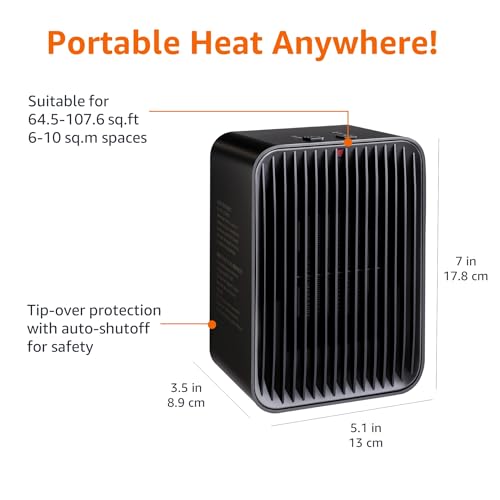 Amazon Basics Portable Ceramic Space Heater, Small Electric Heater for Indoor Use With 3 Heat Settings, Temperature Control, Lightweight (1.7 LBS), 520 w, Black, 5.1"L x 3.5"W x 7"H