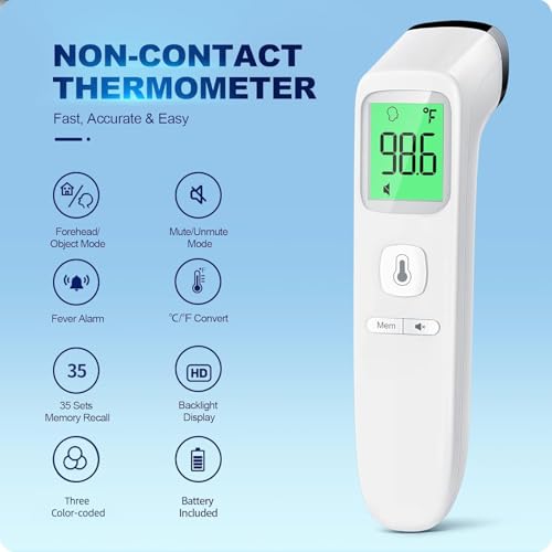 No-Touch Thermometer for Adults and Kids, Accurate Digital Baby Thermometer | 1s Fast Reading, Fever Alarm, Silent Mode, 35-Reading Memory, Forehead & Object Mode, AAA Battery Included, for Home & Clinic - color: white