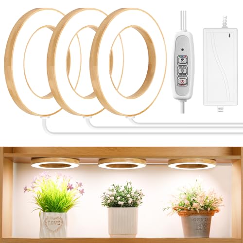 LORDEM 6.3" Bamboo Ceiling Grow Lamp for Indoor Plants, 216 LEDs Full Spectrum Halo Plant Light, Under Cabinet Grow Lights with 4/8/12H Auto Timer Switch Modes, 4 Dimmable Brightness Levels, Tri Head - color: Triple Light--Bamboo