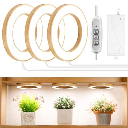 LORDEM 6.3" Bamboo Ceiling Grow Lamp for Indoor Plants, 216 LEDs Full Spectrum Halo Plant Light, Under Cabinet Grow Lights with 4/8/12H Auto Timer Switch Modes, 4 Dimmable Brightness Levels, Tri Head - color: Triple Light--Bamboo