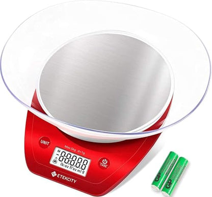 Etekcity Food Kitchen Scale with Bowl, 0.1g, Grams and Ounces | 11lb/5kg capacity with tare, removable bowl, ideal for baking, coffee, meal prep and portion control, Stainless Steel, Red - color: Chili Red