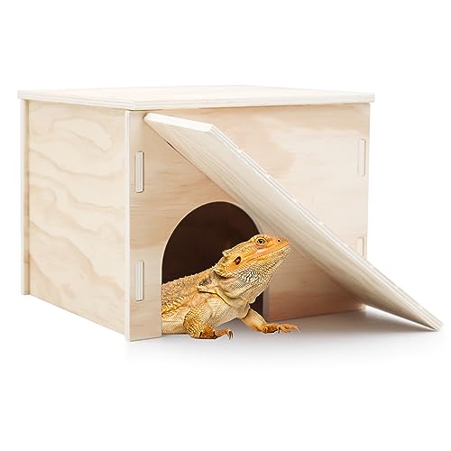 Large Bearded Dragon Hide Cave, Wooden Lizard Hideout with Climbing Ramp, Reptile Habitat with Basking Platform, Tank Accessories for Bearded Dragon Lizard Chameleon Hamster 11.3 x 9.1 x 7.1 Inch - size: 11.3 x 9.1 x 7.1 Inch