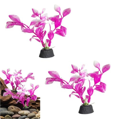 2 Pack 5.43 Inch Pink Plastic Aquarium Plants Fish Tank Decor | Waterproof Mini Desktop Bowl Aquascape Accessory with Weighted Black Base, Fits Finshes Landscapings Aquatic Habitat Layout