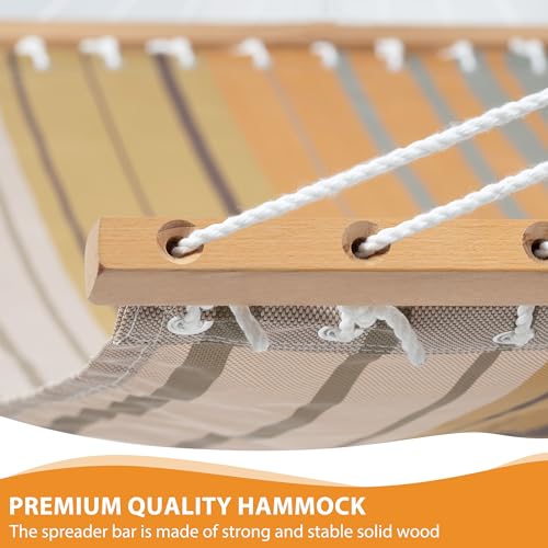 Lazy Daze Double Textliene Quick Dry Hammock with Spreader Bar for Outdoor | 11 Ft Hammock for 2 Person, Weather Resistant Fabric, 450 Lbs Capacity, Hammock Bed 78 x 55 In with Carabiners, Chains - color: Coffee Stripes