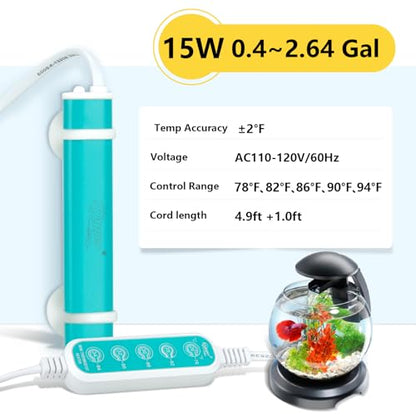hygger Mini Submersible Aquarium Heater, Turtle and Betta Fish Tank Heater with Five-Key External Controller 78℉、82℉、86℉、90℉、94℉ for Freshwater Small Tank - size: 15W for 0.4~2.64Gal