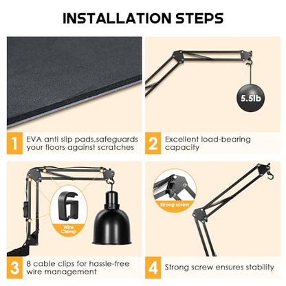 Reptile Heat Lamp Stand, Dual Reptile Light Stand with Two Flexible Bracket | Adjustable Heat Lamp Stand (15.7-74.3inch） with 360° Swing Arm and Anti tip Clip for Bearded Dragon Turtles Snake