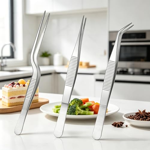 3pcs Stainless Steel Tweezers Set, Precision Straight & Curved Tips for Gardening, Plants, Reptile Feeding, Kitchen & Crafts (Silver)
