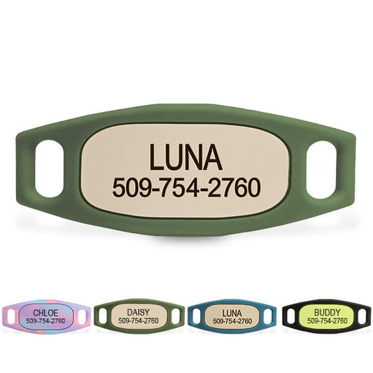 GoTags Lifestyle Silent Dog Tag, Personalized Engraved Silicone Pet ID Tags | Soundless Quiet Slide On Nameplate for Cat Collars with Name and Number, No More Jingling Tags (Matcha, Small) - color: Lifestyle Matcha, size: Small (Pack of 1)