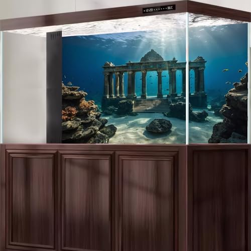 Under The Sea Scene Aquarium Background Tranquil Underwater Ancient Temple Fish Tank Background Deep Blue Sea Sunray Terrarium Backgrounds Blue Ocean Sunken Temple Reptile Tank Backgrounds 24x12in - color: Blue_Dark Brown, size: 24(W)x12(H)in