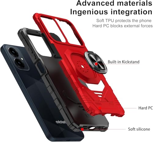 for Cricket Icon U656AC 2026 Robotic Ring Stand Hybrid Cover Phone Case + Tempered Glass + Extreme Band (Red) - color: Red