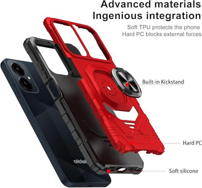 for Cricket Icon U656AC 2026 Robotic Ring Stand Hybrid Cover Phone Case + Tempered Glass + Extreme Band (Red) - color: Red