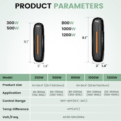 hygger 800W Aquarium Heater with Controller, Submersible Fish Tank Heater Intelligent Leaving Water Automatica Stop Heating and Overheat Protection, 80-220 Gal Turtle Heaters for Freshwater Saltwater - size: M-800W for 80-220 Gallon