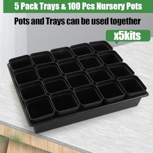 RooTrimmer 3.15 inch (8CM) Square Nursery Pots 100 pcs, Sturdy Seedlings Trays 5 Pcs, Seeds Starter Germination Tray, Microgreening Planter Nursery Propagation 5 Sets - size: 3.15" Pots-100P + 16.2" x 13.2" x 2.6" Trays-5P
