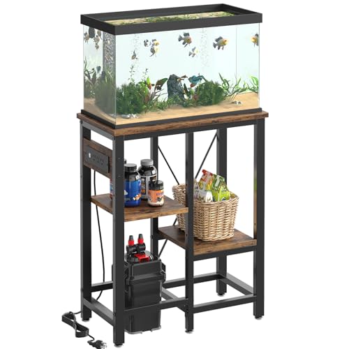 Bestier 10 Gallon Fish Tank Stand with Power Outlet, Rustic Brown, 20x11 | 6-Leg Steel Frame, 3-Tier Adjustable Shelves for Filters Storage, 264Lbs Capacity, 5-In-1 Power Outlet, 4 Leveling Feet - color: Rustic Brown, size: 5-10 Gallon