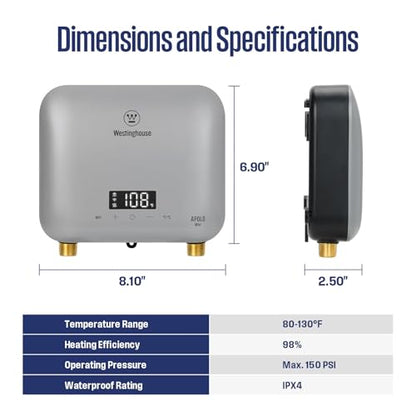 Westinghouse 6.5kW Tankless Water Heater Electric, 240V, Smart WiFi Control | Under Sink Water Heater Electric, Instant Hot Water Heater, Apolo Mini, Low Watt, Compatible with Kitchen, Sink, Gray - color: Gray 6.5