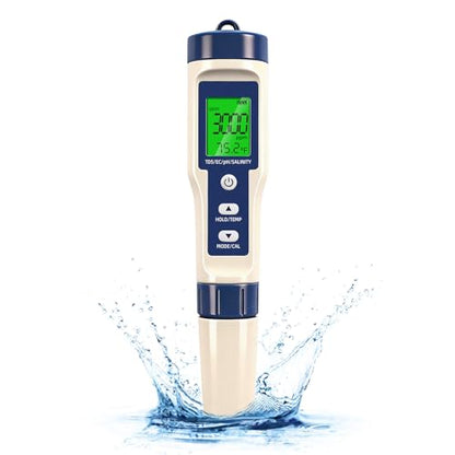 Pool Salt Tester & PH Meter - 5-in-1 Digital TDS Meter for Salinity PH Temp and EC, 0.01 High Accuracy, Swimming Pool, Hydroponics, Aquarium, Hot Tub, PPM Meter for Pool, Drinking Water, Wine, Food