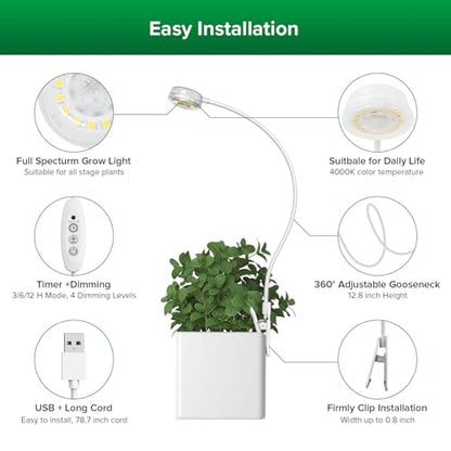 SANSI Grow Lights for Indoor Plants, Pot Clip-On Plant Light, 2-Pack | Full spectrum LED plant lamps for indoor growing; 4-level dimmable; 3/6/12H timer; 5V pot clip lights for small plants - size: 2-Pack