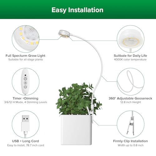 SANSI Grow Lights for Indoor Plants, Pot Clip-On Plant Light, 1-Pack | Full spectrum LED plant lamp for indoor growing; 4-level dimmable; 3/6/12H timer; 5V pot clip light for small plants - size: 1-Pack