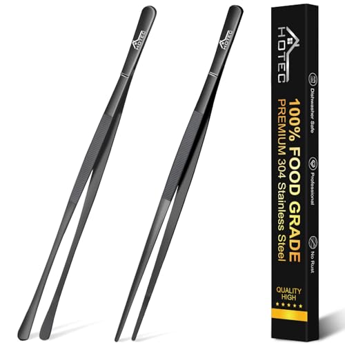 HOTEC Kitchen Tweezers Tongs Stainless Steel Professional Chef Tweezers, Set of 2-12inch Extra-Long Food Tongs for Cooking,Grill and Baking - color: Black, size: 2PCS: 12 Inch