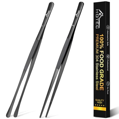HOTEC Kitchen Tweezers Tongs Stainless Steel Professional Chef Tweezers, Set of 2-12inch Extra-Long Food Tongs for Cooking,Grill and Baking - color: Black, size: 2PCS: 12 Inch