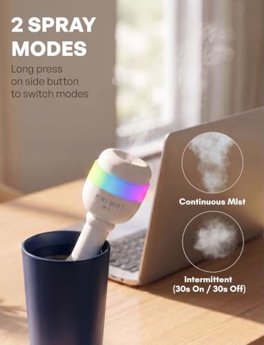 Portable Humidifier for Bedroom, Mini Humidifier fits any water bottle, USB-C Cool Mist Humidifier with 7 Color LED Night Light, Whisper quiet, 1200mAh Rechargeable for Car Office Travel