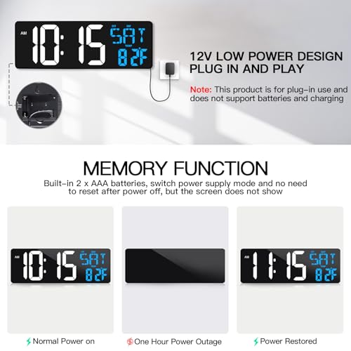 17" Large Digital Wall Clock with Remote, Auto Dimmer, Date Temp, Timer | Large clear display, Snooze function, Count up and down timer, Suitable for Living Room, Office, Gym Indoor Spaces - color: Ice Blue+ White