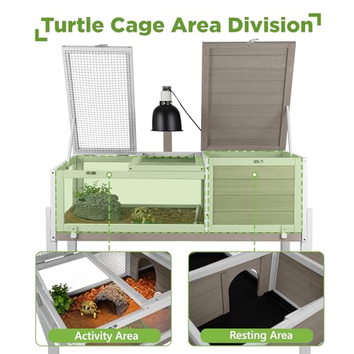 Standing Tortoise Habitat with Lamp Holder in Indoor & Outdoor, Wooden Turtle Enclosure Table with Detachable Legs, Leakproof Tray, Openable Roof for Tortle, Lizard, Chameleon, Grey