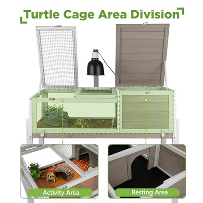Standing Tortoise Habitat with Lamp Holder in Indoor & Outdoor, Wooden Turtle Enclosure Table with Detachable Legs, Leakproof Tray, Openable Roof for Tortle, Lizard, Chameleon, Grey